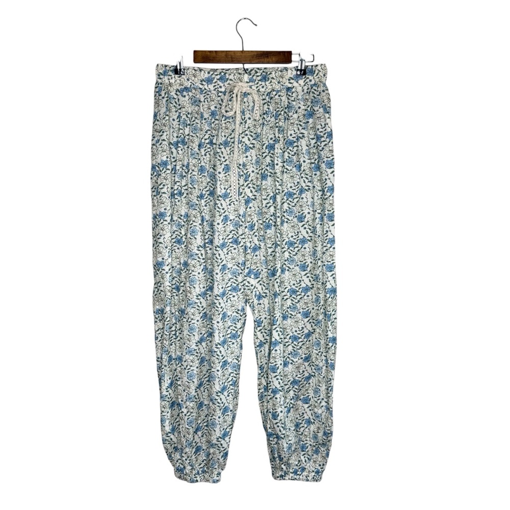 POL Cream Blue Dainty Floral Baggy Jogger Pants Pull On Vintage 100% Rayon Boho